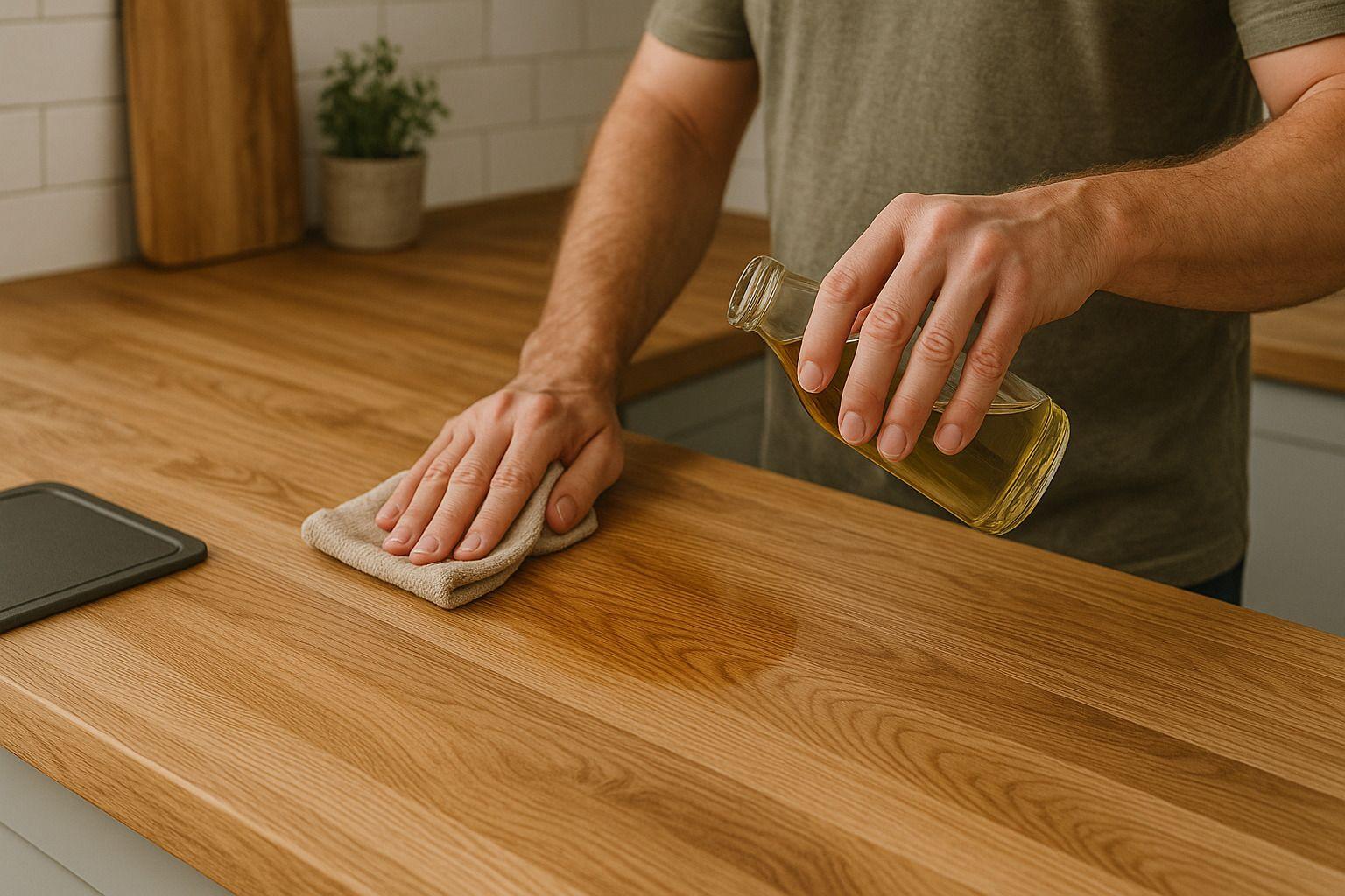Nahaufnahme einer Hand, die Öl auf eine Holzarbeitsplatte aufträgt, daneben ein Tuch zum Einreiben – Pflegeprozess in moderner Küche.