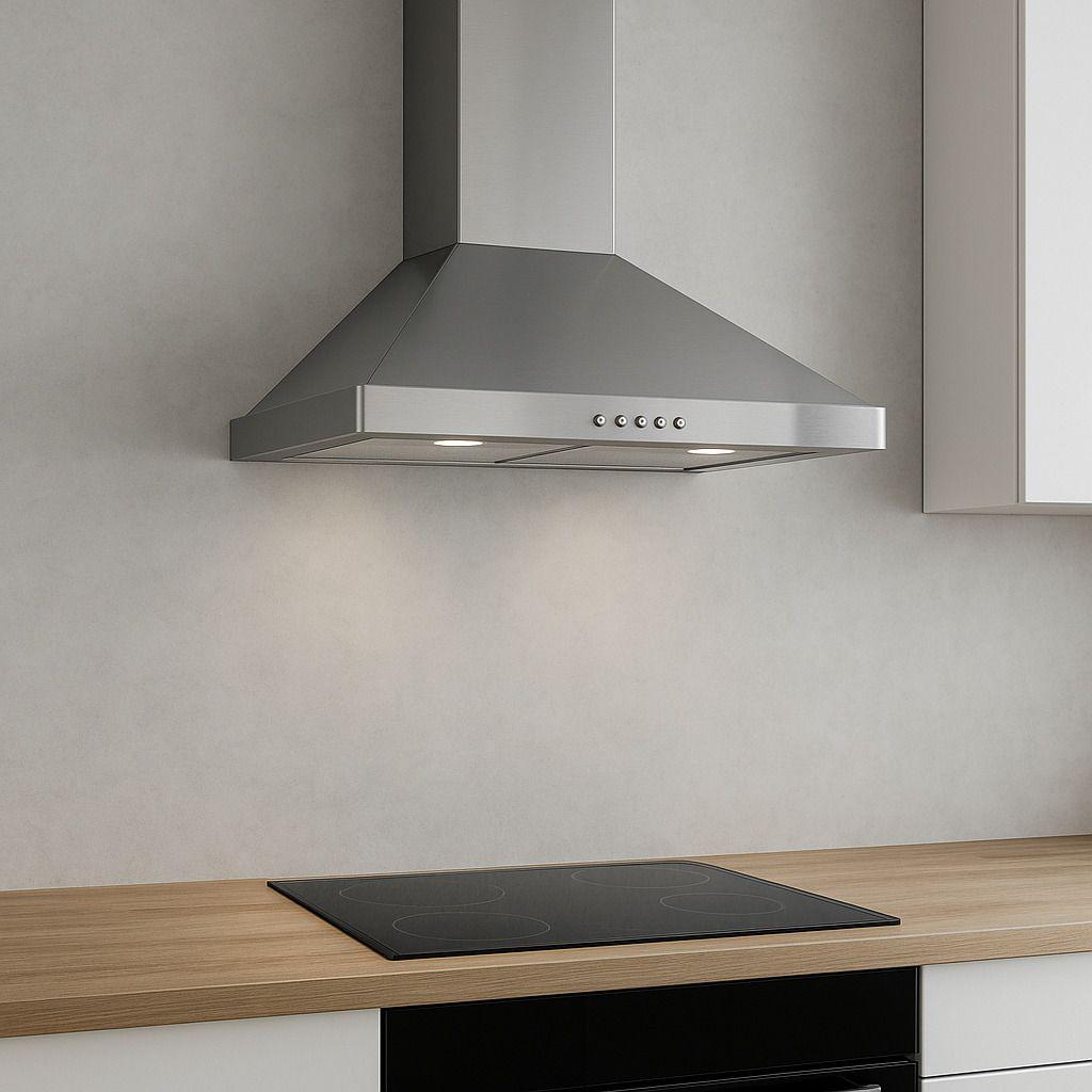 Klassischer Dunstabzug aus Edelstahl über einem schwarzen Kochfeld in moderner Küche mit Holzarbeitsplatte und grauer Wand.
