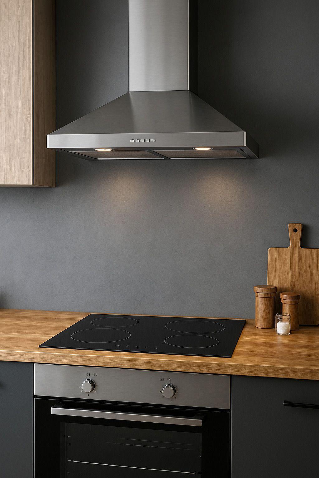 Edelstahl-Dunstabzugshaube über schwarzem Induktionskochfeld, eingerahmt von Holzarbeitsplatte und dunklem Küchendesign.
